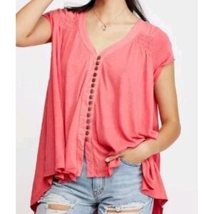 Free People Coral Pink Linen Blend Tunic Top Boho Oversized Button Front Sz S